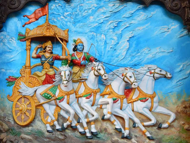 The images are symbolically charged, with clear colors and precise lines, and each painting includes a verse from the Mahabharata.