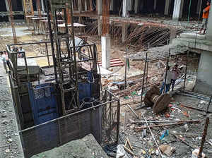Greater Noida: A damaged lift after it collapsed at an an under-construction bui...