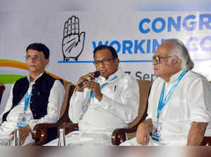 Hyderabad: (L-R) Congress leaders Pawan Khera, P Chidambaram and Jairam Ramesh d...