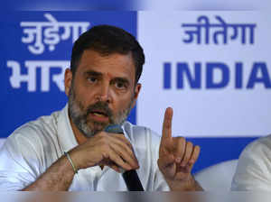 India's Congress party leader Rahul Gandhi gestures during a media briefing on the sidelines of the third meeting of the opposition INDIA Alliance in Mumbai on August 31, 2023.