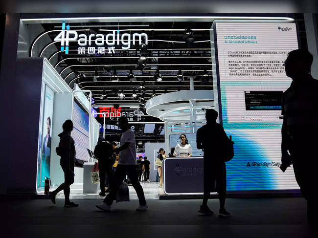 Fourth Paradigm (also known as 4Paradigm) sign is seen at the World Artificial Intelligence Conference (WAIC) in Shanghai