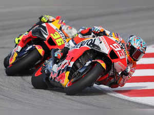 Honda Spanish rider Joan Mir (L) and Honda Spanish rider Marc Marquez ride during the first MotoGP free practice session of the Moto Grand Prix of Catalonia at the Circuit de Catalunya on September 1, 2023 in Montmelo on the outskirts of Barcelona.