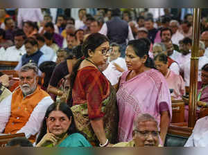 New Delhi: Union Ministers Smriti Irani and Shobha Karandlaje during an event or...