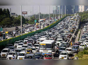 Gurugram, Sep 18 (ANI): Vehicles stuck in a heavy traffic jam on the Delhi-Gurug...