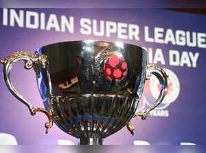 The Indian Super League (ISL) trophy is displayed during a media conference in Kolkata on September 13, 2023.