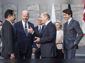 Brussels: U.S. President Joe Biden, second left, smiles as Japan's Prime Ministe...