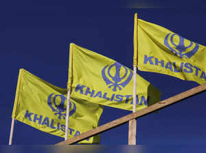 Pro-indepence Khalistan flags are seen at the Guru Nanak Sikh Gurdwara temple, in Surrey