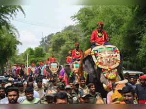 Mysuru: Elephants being brought for Mysore Dasara celebrations at Veeranahosahal...
