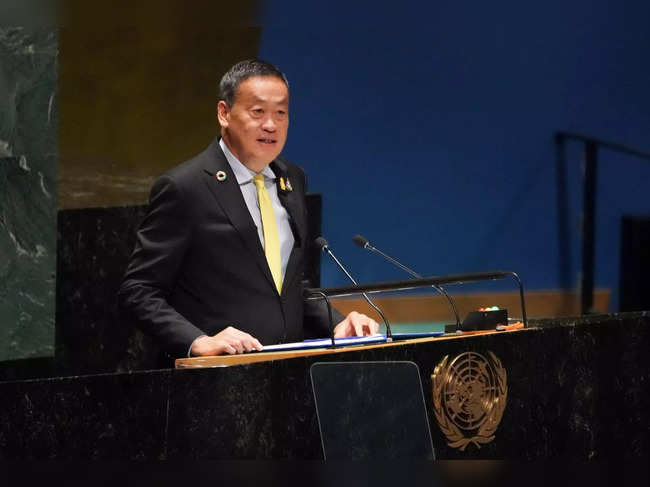 Thai Prime Minister Srettha Thavisin addresses the 78th United Nations General Assembly at UN headquarters in New York City on September 22, 2023.