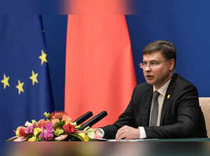 Executive Vice President and European Commissioner for Trade Valdis Dombrovskis (L) and Chinese Vice Premier He Lifeng (R) attend a press conference during the tenth China-EU high level economic and trade dialogue at the Diaoyutai State Guesthouse in Beijing on September 25, 2023.