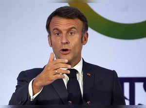 New Delhi: French President Emmanuel Macron speaks during a press conference at ...