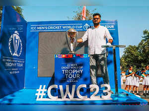 Dharmshala: ICC Cricket World Cup 2023 trophy during its tour, in Dharmshala. (P...