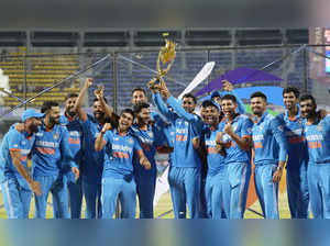India players celebrate with the trophy after their win in the Asia Cup cricket ...