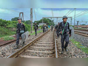 Ranchi: Railway Protection Force (RPF) commandos patrol at the Muri Junction rai...