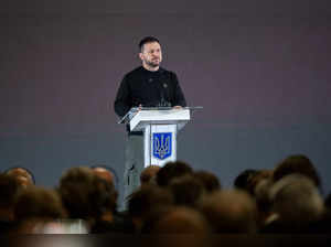 This handout photograph taken on September 29, 2023 and released by the Ukrainian Presidential Press Service on September 30, 2023 shows Ukraine's President Volodymyr Zelensky addressing the audience during the the First International Defence Industries Forum in Kyiv.