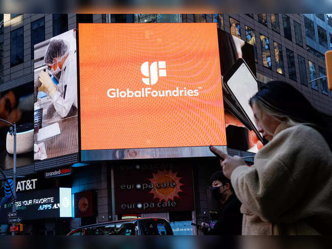 Screen displays the company logo for semiconductor and chip maker, GlobalFoundries Inc. during the company's IPO at the Nasdaq MarketSite in Times Square in New York