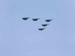 **EDS: IMAGE VIA PIB** Bhopal: Indian Air Force's (IAF) LCA Tejas fighters fly p...
