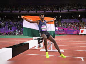 India’s Avinash Sable celebrates winning the men's 3,000m steeplechase final athletics event during the 2022 Asian Games in Hangzhou in China's eastern Zhejiang province on October 1, 2023.