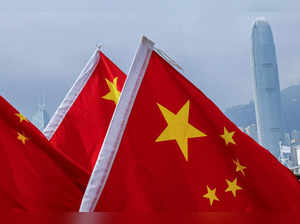 Chinese national flags are seen in front of the financial district Central on the Chinese National Day in Hong Kong
