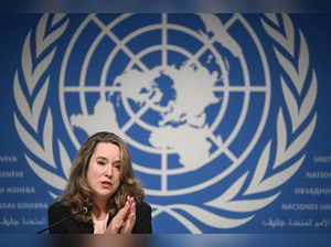 New Director General of the International Organization for Migration (IOM) Amy Pope attends a press conference at the United Office in Geneva, on October 3, 2023.
