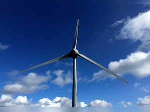 A wind turbine is seen at the Keele University Low Carbon Energy Generation Park