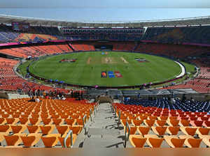 This picture shows a general view of the Narendra Modi Stadium during the 2023 ICC men's cricket World Cup one-day international (ODI) match between England and New Zealand in Ahmedabad on October 5, 2023.