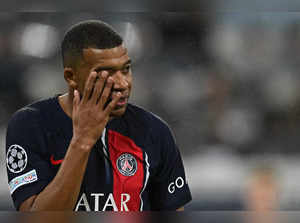 Paris Saint-Germain's French forward #07 Kylian Mbappe reacts during the UEFA Champions League Group F football match between Newcastle United and Paris Saint-Germain at St James' Park in Newcastle-upon-Tyne, north east England on October 4, 2023.