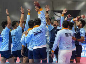 Hangzhou: Indian team celebrate after winning the Men's Team Semifinal Kabaddi m...
