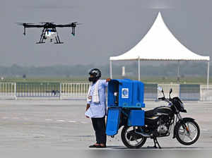 An agriculture drone is demonstrated aerially during the Bharat Drone Shakti 2023 exhibition at the Hindon Airbase station in Ghaziabad on September 25, 2023.