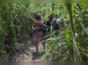 Migrants walk by the jungle near Bajo Chiquito village, the first border control of the Darien Province in Panama, on September 22, 2023.
