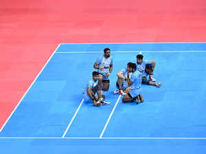 Players of India wait on a disputed decision in the men's kabaddi gold medal match between India and Iran during the Hangzhou 2022 Asian Games in Hangzhou, in China's eastern Zhejiang province on October 7, 2023.