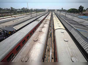 Jammu: Trains are parked at Jammu Railway Station as several trains got cancelle...