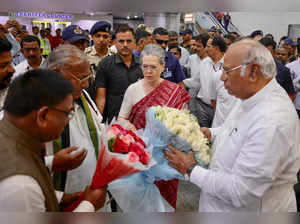 Hyderabad: Congress President Mallikarjun Kharge and former Congress president S...
