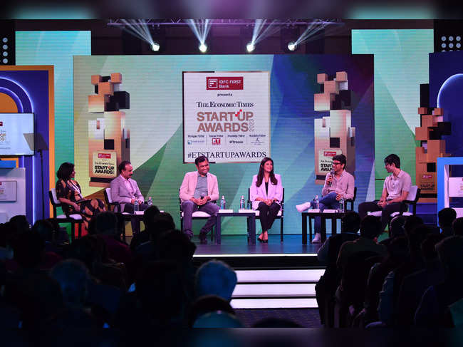 From left: Prashanth Prakash, partner, Accel; Harshil Mathur, cofounder and CEO, Razorpay; Rashi Narang, founder, Heads up for Tails; Lalit Keshre, cofounder and CEO, Groww.