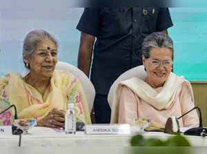New Delhi: Congress leaders Sonia Gandhi and Ambika Soni during the Congress Wor...