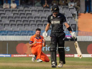 Hyderabad: Netherlands Paul van Meekeren celebrates the wicket of New Zealand Wi...