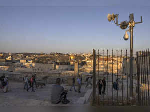 Security surveillance cameras are set-up in Jerusalem's Old City, with a view of the Al-Aqsa Mosque complex and its Dome of the Rock  on September 19, 2023.