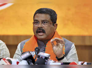 Jaipur: Union Minister and BJP leader Dharmendra Pradhan addresses a press confe...