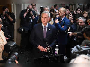Former Speaker of the House Kevin McCarthy (R-CA) talks to members of the media as he arrives to a candidate forum with House Republicans to hear from members running for US Speaker of House in the Longworth House Office Building on October 10, 2023 in Washington, DC.