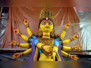 Kolkata: An idol of Goddess Durga at Kumartuli ahead of Durga Puja festival, in ...