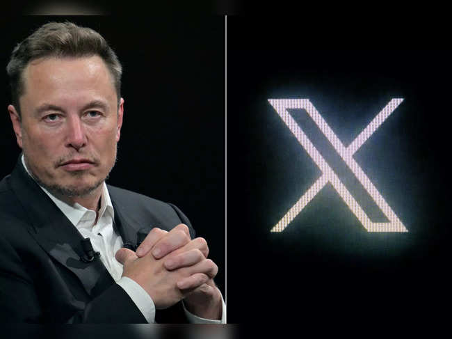 This combination of pictures created on October 10, 2023, shows (L)SpaceX, Twitter and electric car maker Tesla CEO Elon Musk during his visit at the Vivatech technology startups and innovation fair at the Porte de Versailles exhibition center in Paris, on June 16, 2023 and (R) the new Twitter logo rebranded as X, pictured on a screen in Paris on July 24, 2023.