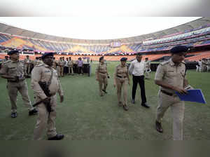 Ahmedabad: Security officers stand guard at the Narendra Modi Stadium,ahead of I...