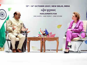 New Delhi, Oct 14 (ANI): Lok Sabha Speaker Om Birla meets Nicola Beer, Vice Pres...