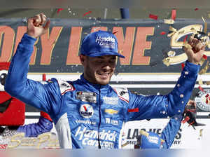 Kyle Larson, driver of the #5 HendrickCars.com Chevrolet, celebrates in victory lane after winning the NASCAR Cup Series South Point 400 at Las Vegas Motor Speedway on October 15, 2023 in Las Vegas, Nevada.