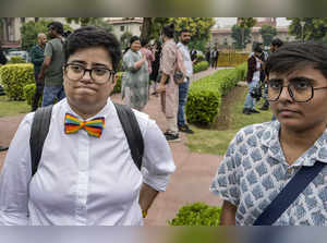 New Delhi: LGBTQ+ rights activists at the premises of the Supreme Court during p...