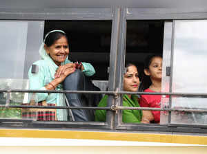 Jammu: Migrant Kashmiri Pandits inside a bus before leaving for the annual 'Khee...