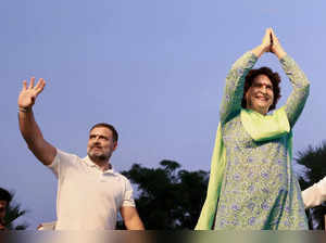 Mulugu: Congress leaders Rahul Gandhi and Priyanka Gandhi Vadra walk during Vija...
