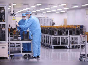 Employees work at SK On EV battery factory in Seosan