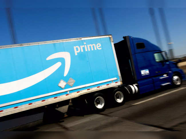 FILE PHOTO: Amazon truck during Amazon's two-day "Prime Early Access Sale" shopping event for Amazon members in New Yor