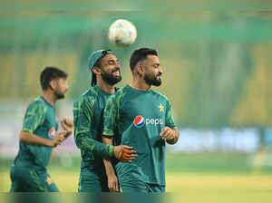 Pakistan's Abdullah Shafique (C) attends a practice session on the eve of the 2023 ICC Men's Cricket World Cup one-day international (ODI) match between Pakistan and Australia at the M Chinnaswamy Stadium in Bengaluru on October 19, 2023.
